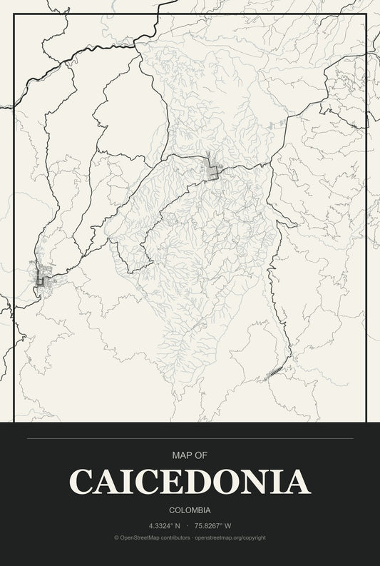 Caicedonia, Colombia City Map Aluminum Sign in Museum Plaque style