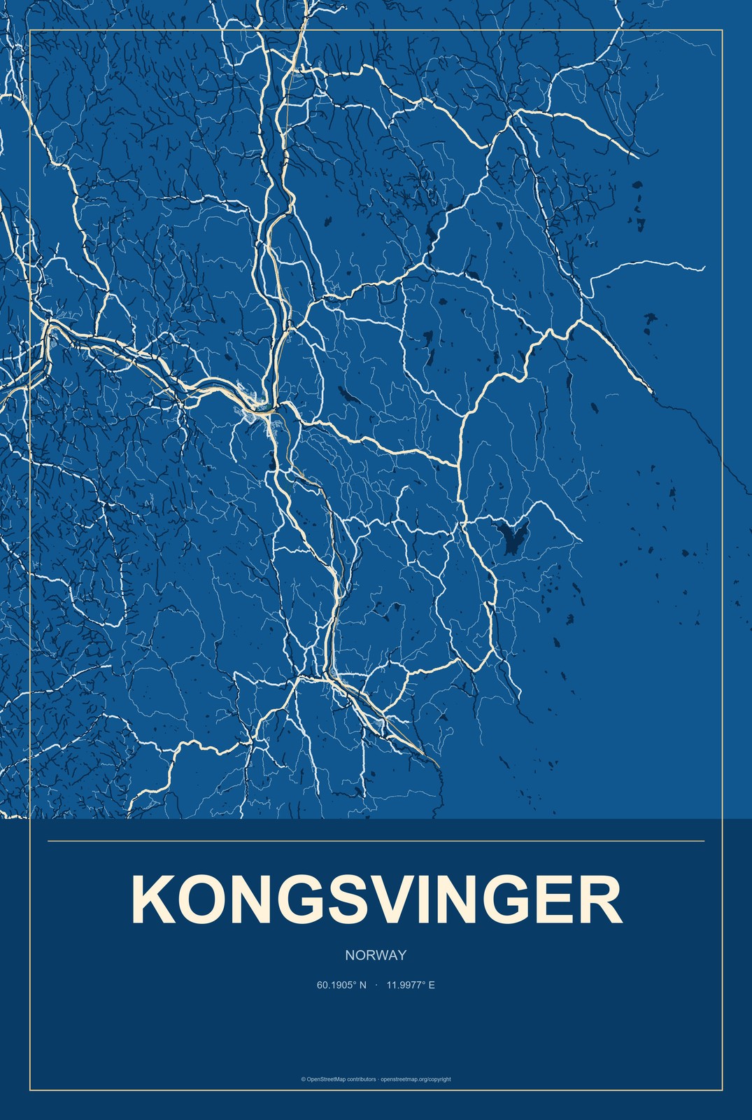 Kongsvinger, Norway City Map Aluminum Sign in Harbor Cobalt style