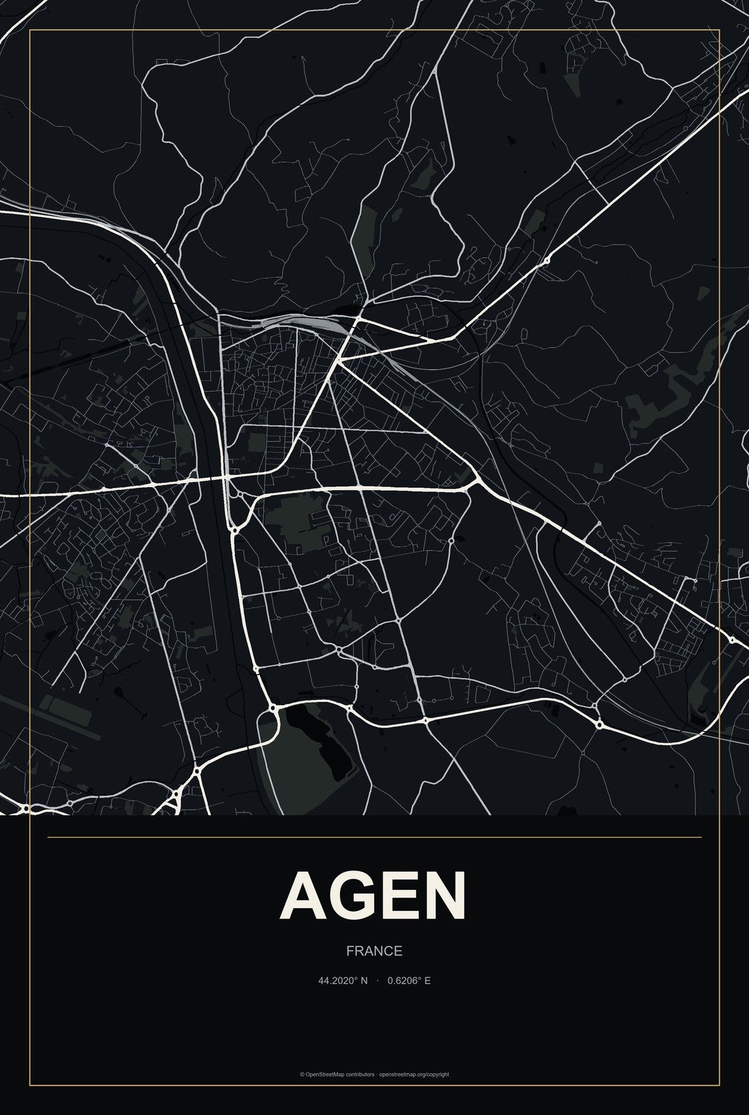 Agen, France City Map Aluminum Sign in Metropolitan Noir style