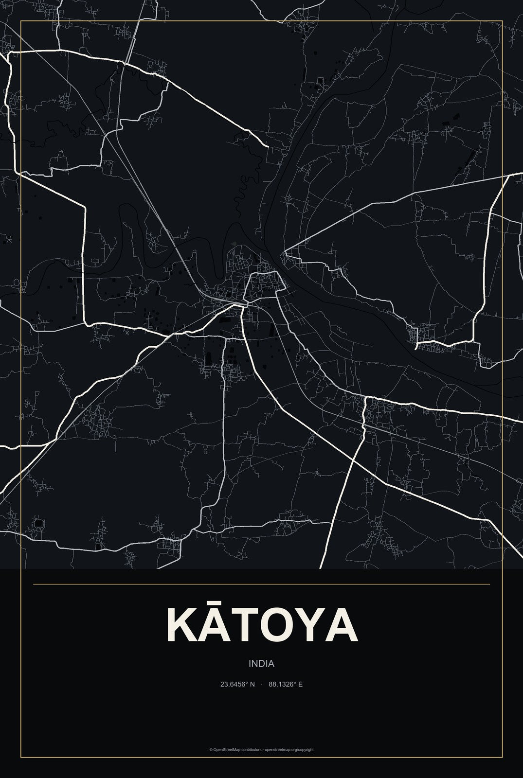 Kātoya, India City Map Aluminum Sign in Metropolitan Noir style