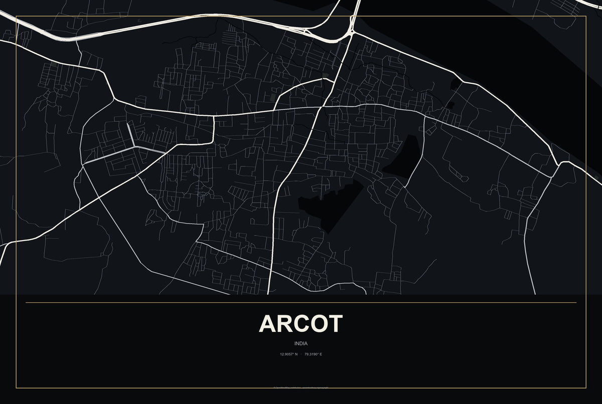 Arcot, India City Map Aluminum Sign in Metropolitan Noir style