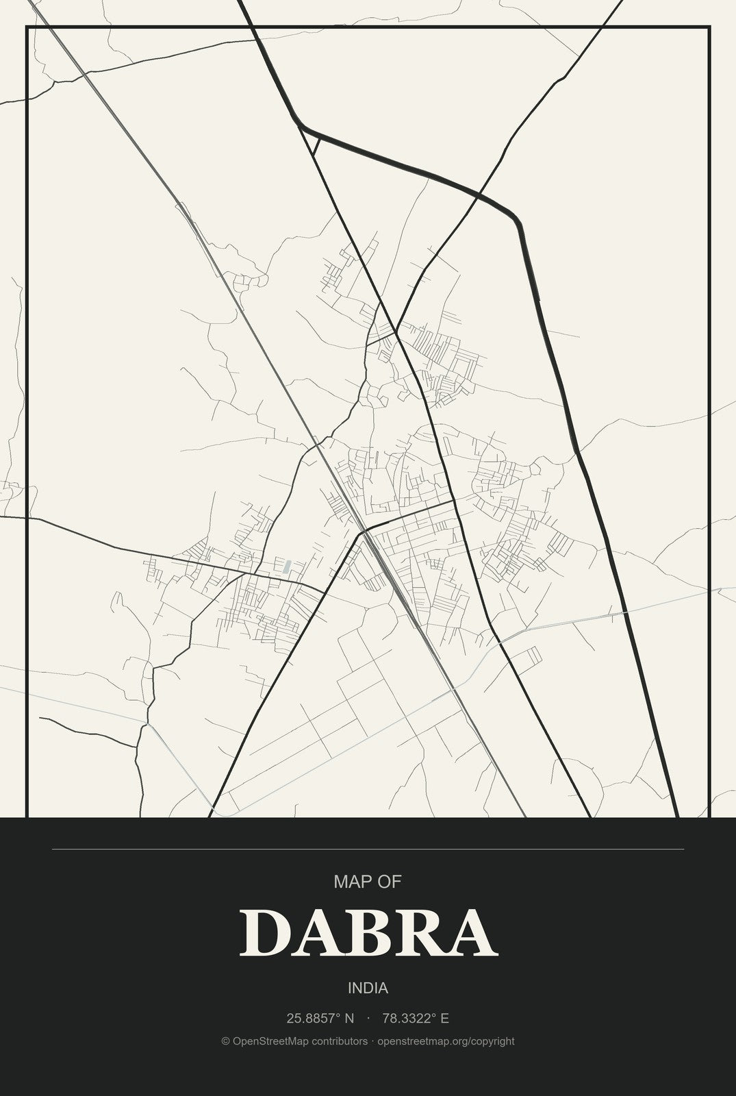 Dabra, India City Map Aluminum Sign in Museum Plaque style