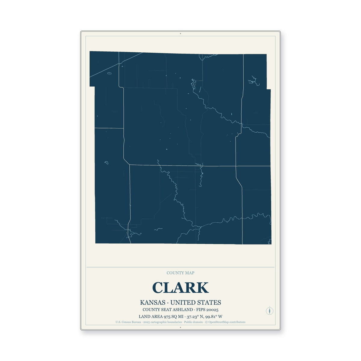 Clark County, Kansas Map Aluminum Sign in Coastal Cutout style