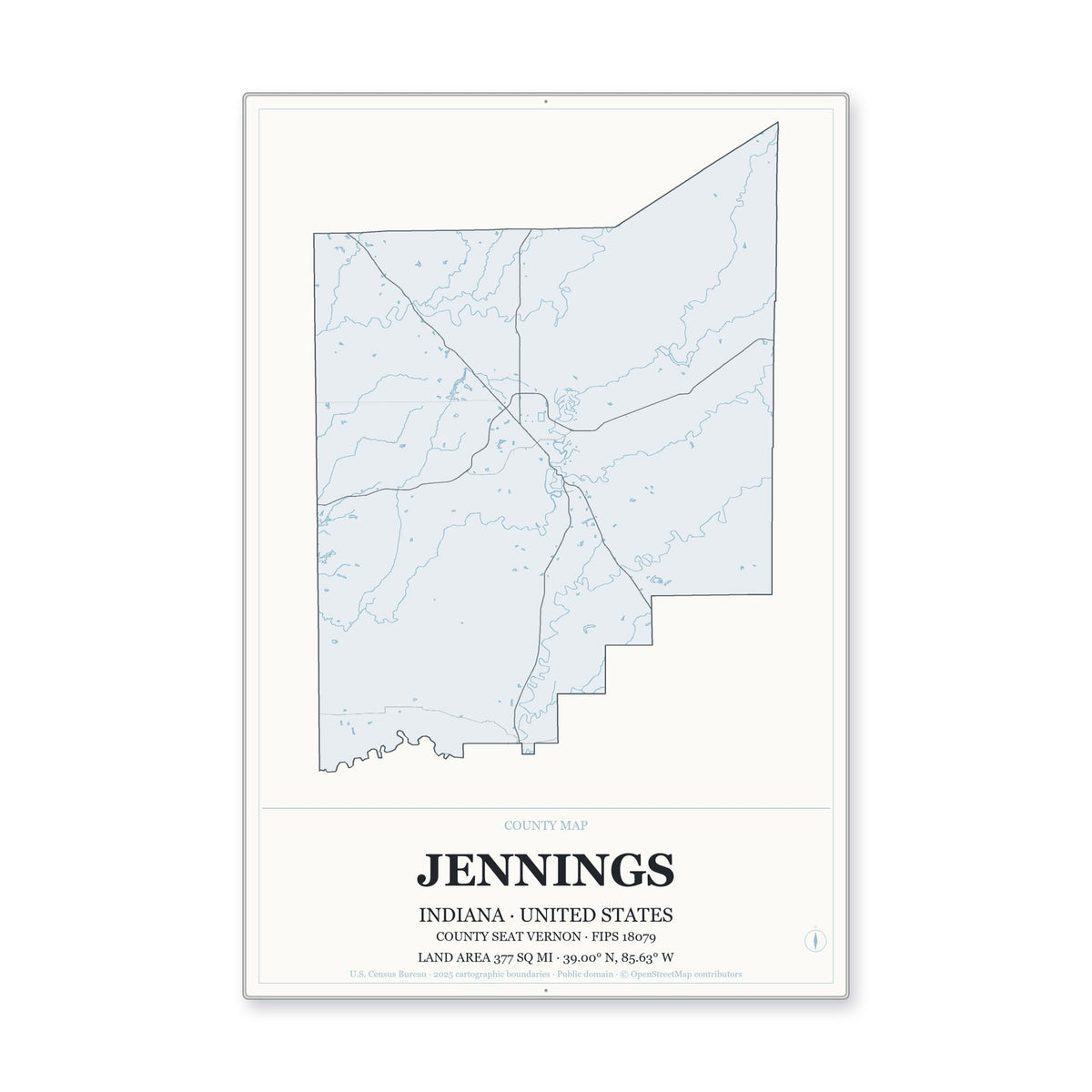 Jennings County, Indiana Map Aluminum Sign in Gallery Air style