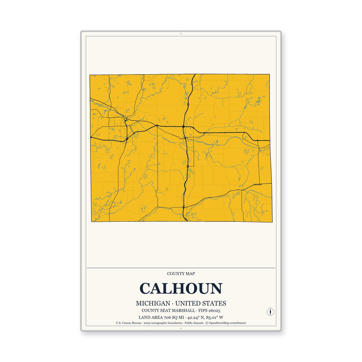 Calhoun County, Michigan Map Aluminum Sign in Citrine Modern style