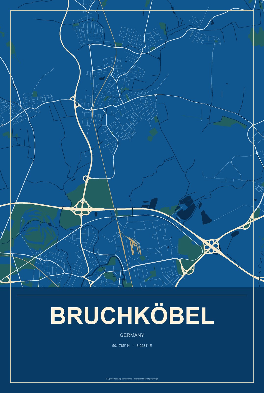 Bruchköbel, Germany City Map Aluminum Sign in Harbor Cobalt style
