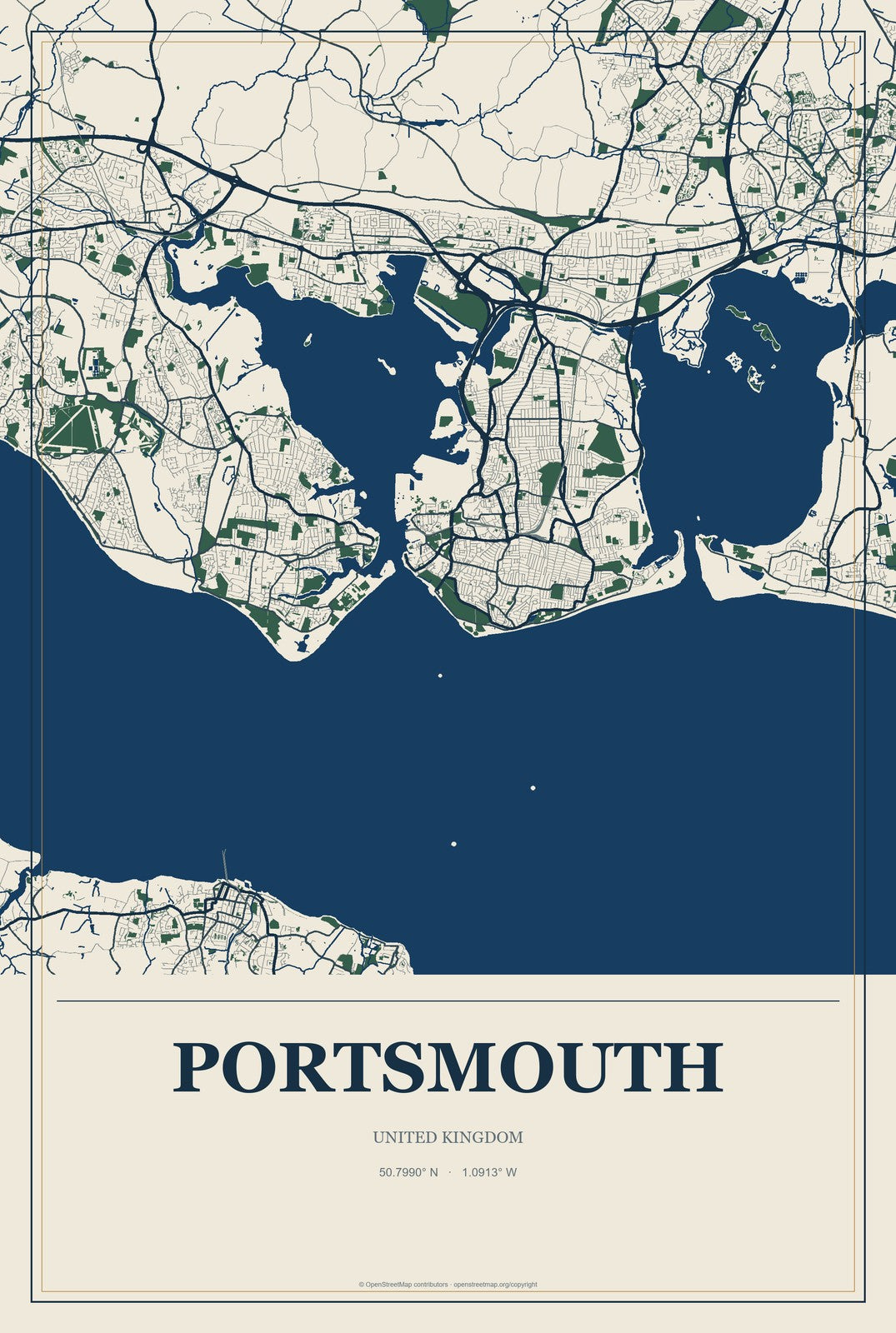 Portsmouth, United Kingdom City Map Aluminum Sign in Coastal Cutout style