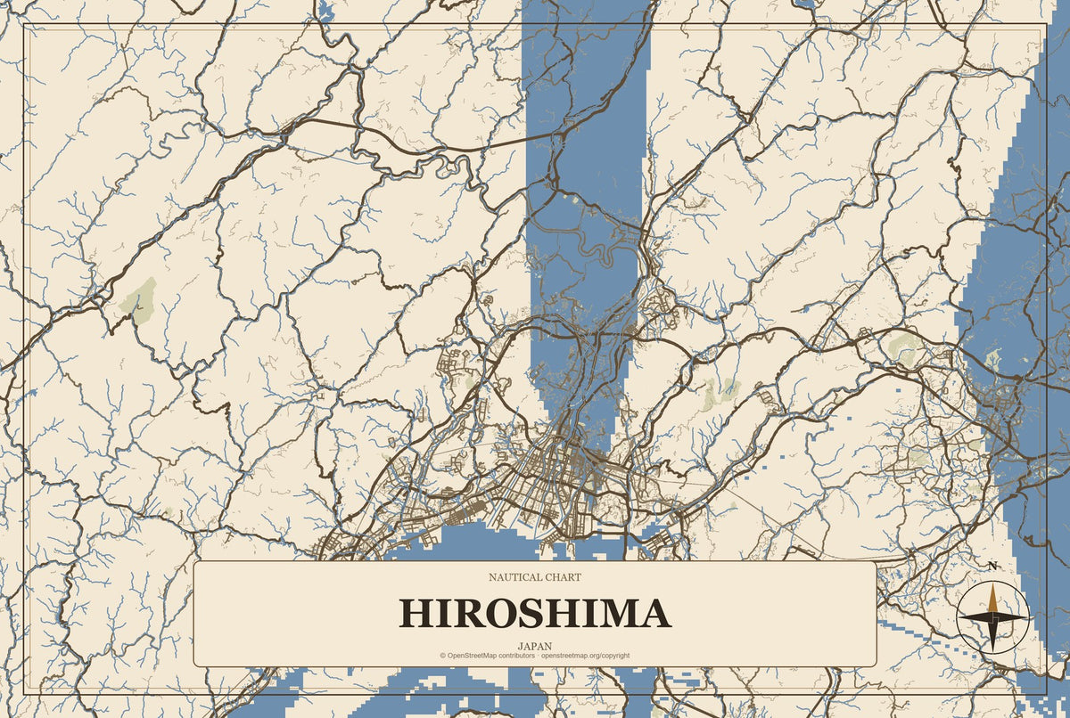 Hiroshima, Japan City Map Aluminum Sign in Heritage Nautical style