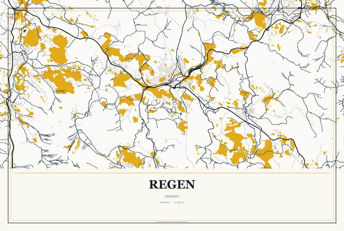 Regen, Germany City Map Aluminum Sign in Citrine Modern style