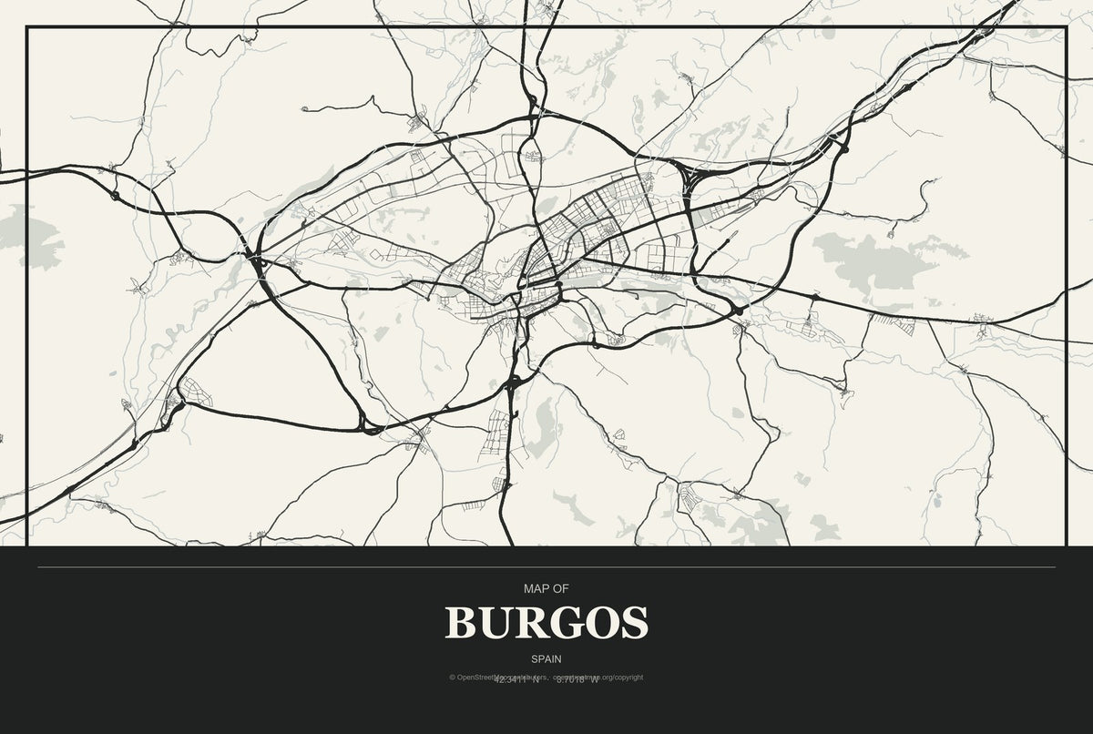 Burgos, Spain City Map Aluminum Sign in Museum Plaque style
