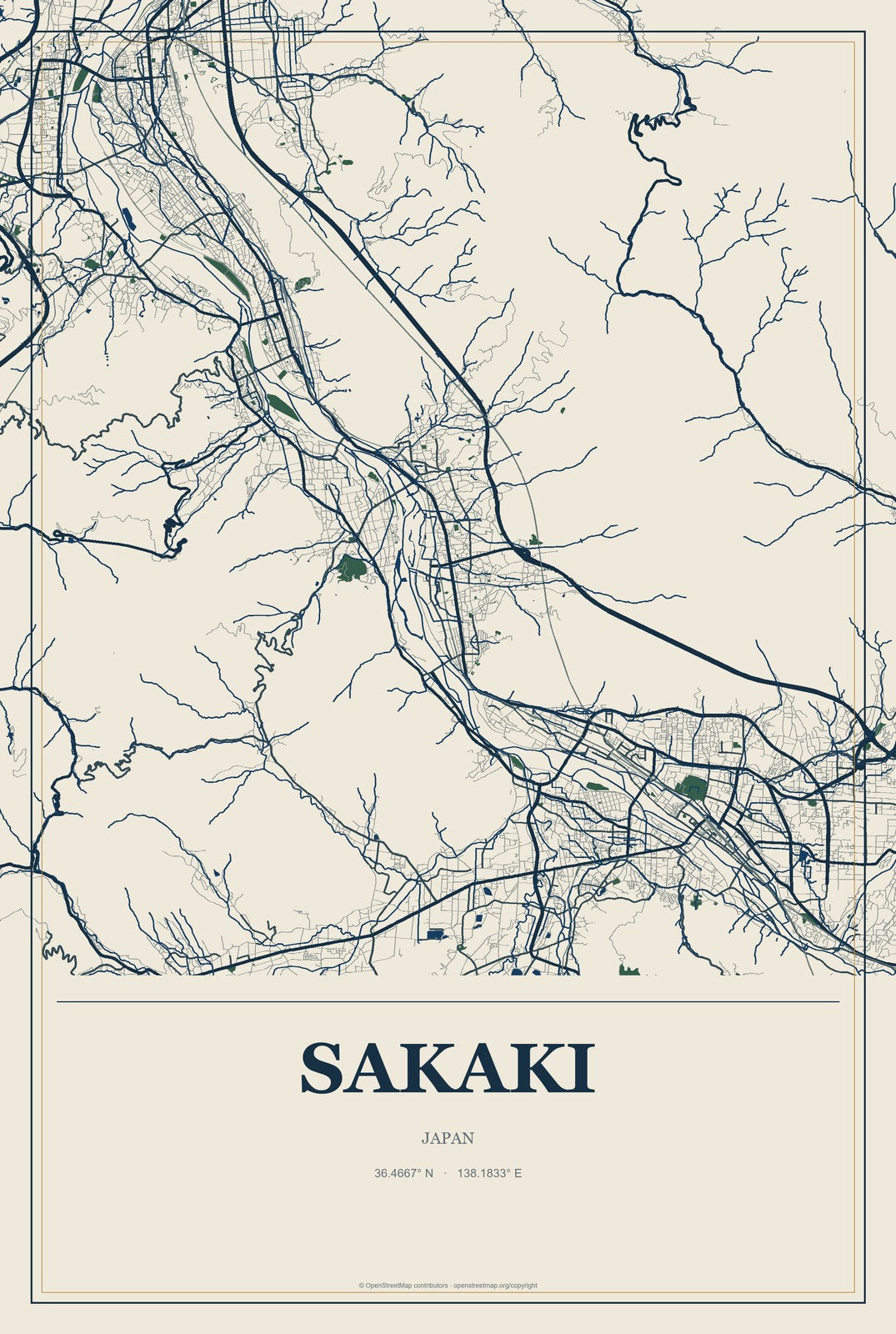 Sakaki, Japan City Map Aluminum Sign in Coastal Cutout style
