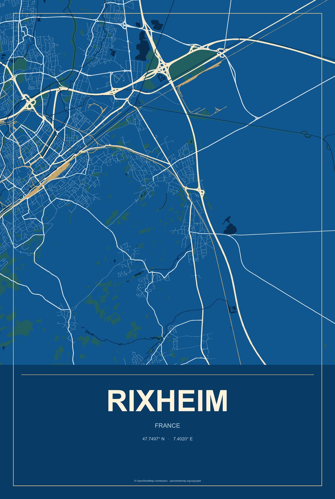 Rixheim, France City Map Aluminum Sign in Harbor Cobalt style