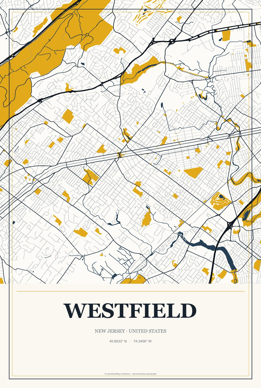 Westfield, New Jersey City Map Aluminum Sign in Citrine Modern style