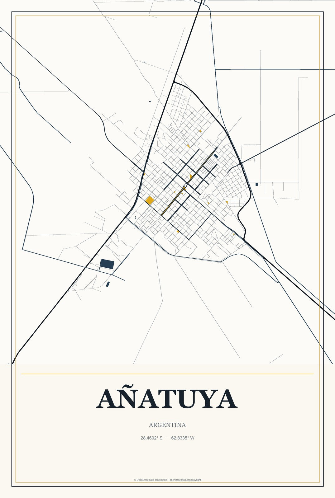 Añatuya, Argentina City Map Aluminum Sign in Citrine Modern style