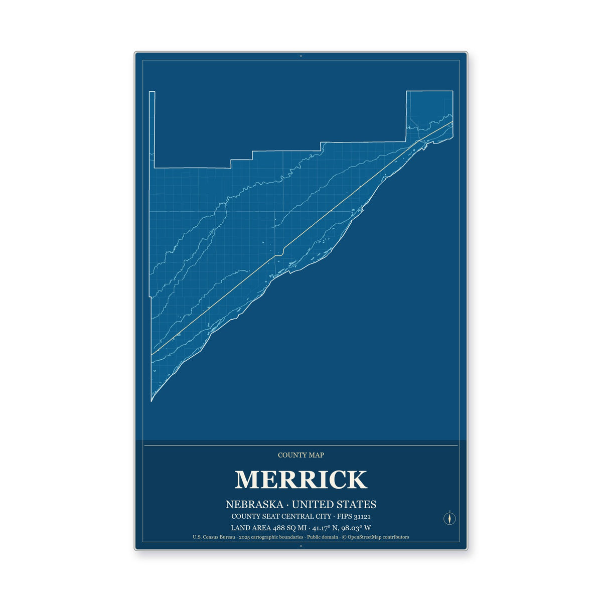 Merrick County, Nebraska Map Aluminum Sign in Harbor Cobalt style
