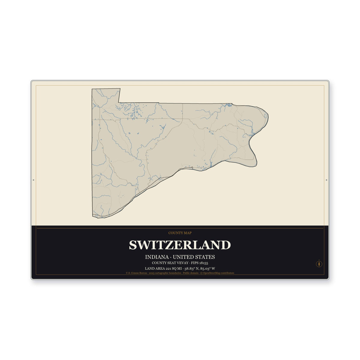Switzerland County, Indiana Map Aluminum Sign in Museum Plaque style