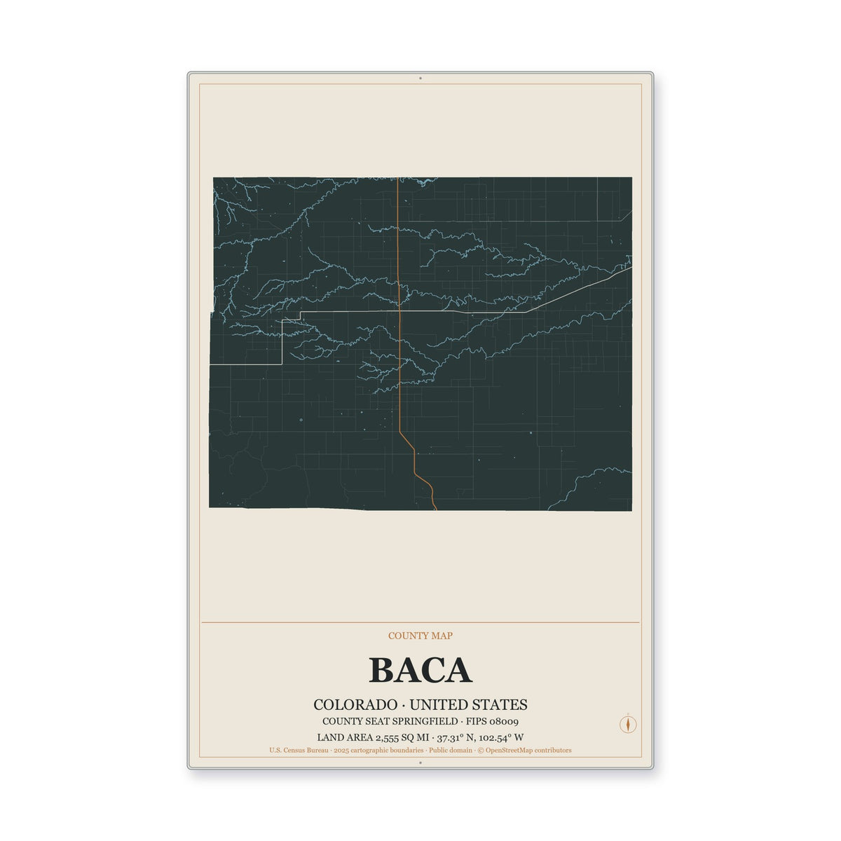 Baca County, Colorado Map Aluminum Sign in Headline Atlas style