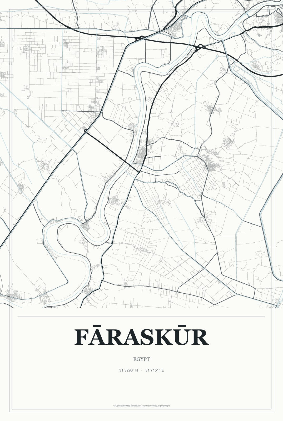 Fāraskūr, Egypt City Map Aluminum Sign in Gallery Air style