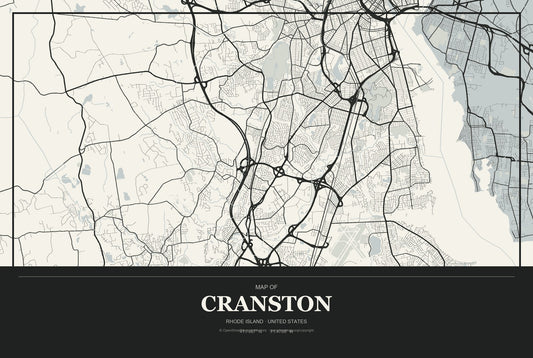 Cranston, Rhode Island City Map Aluminum Sign in Museum Plaque style