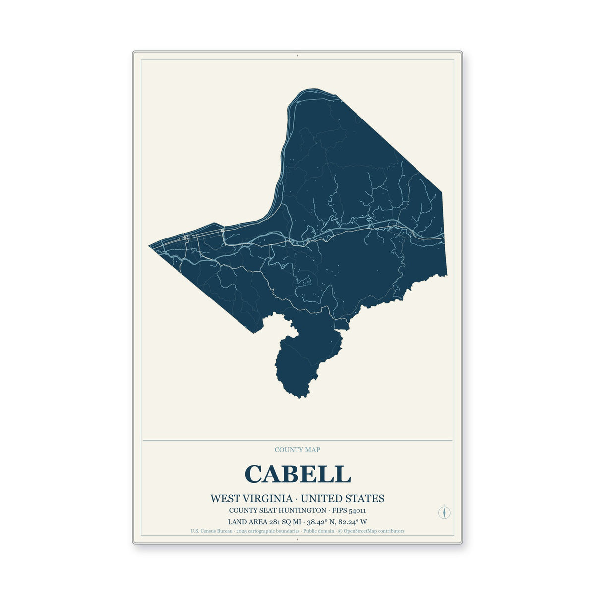 Cabell County, West Virginia Map Aluminum Sign in Coastal Cutout style