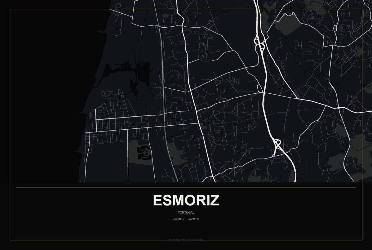 Esmoriz, Portugal City Map Aluminum Sign in Metropolitan Noir style