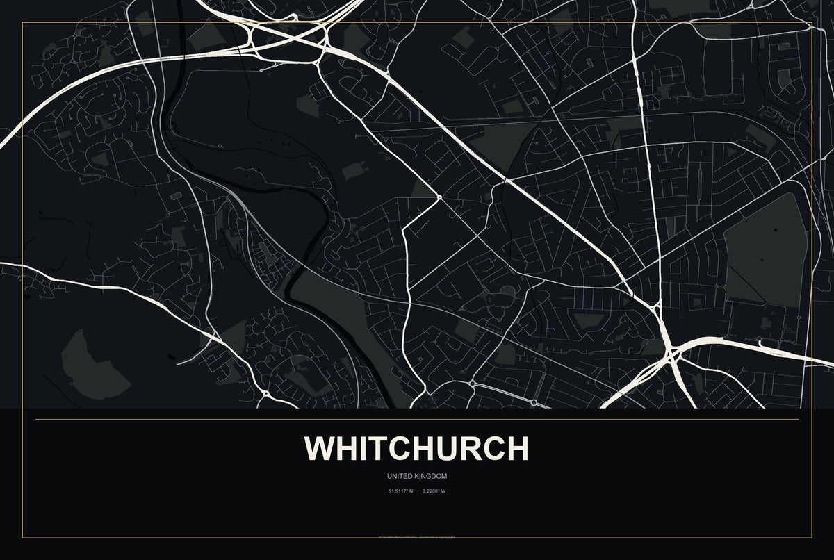 Whitchurch, England, United Kingdom City Map Aluminum Sign in Metropolitan Noir style
