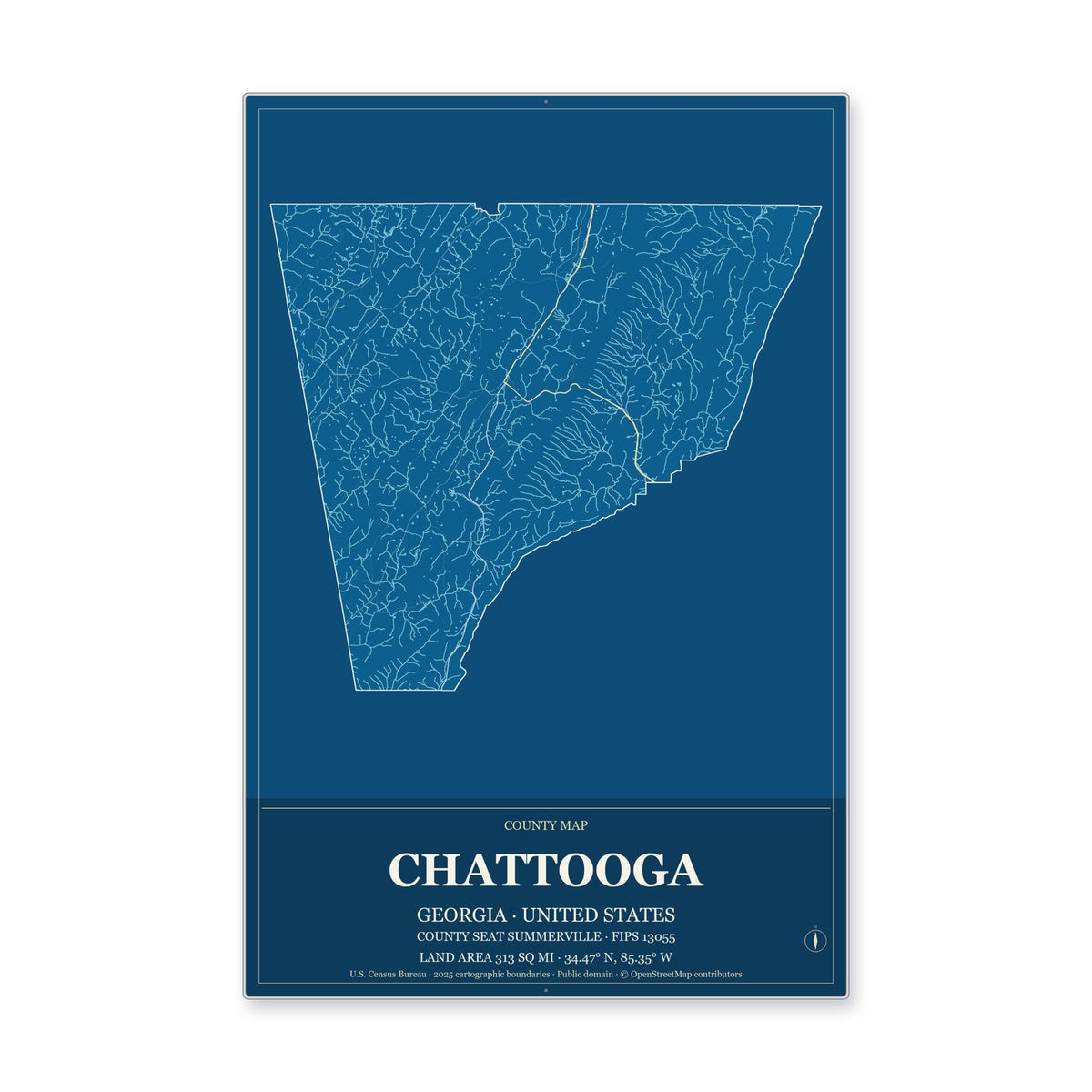 Chattooga County, Georgia Map Aluminum Sign in Harbor Cobalt style