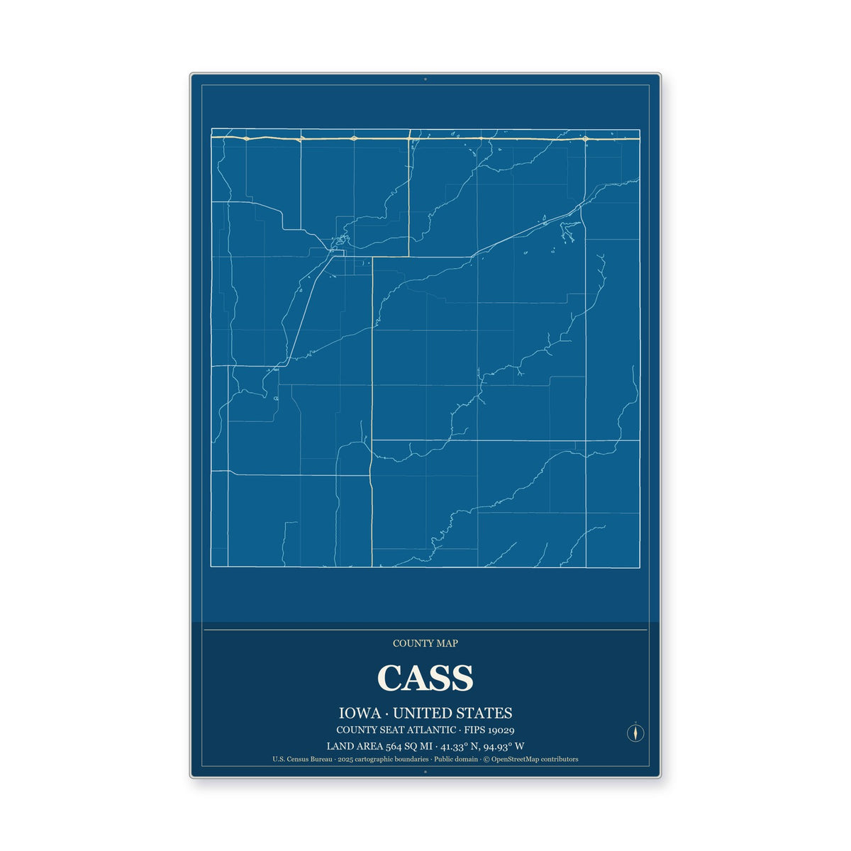 Cass County, Iowa Map Aluminum Sign in Harbor Cobalt style