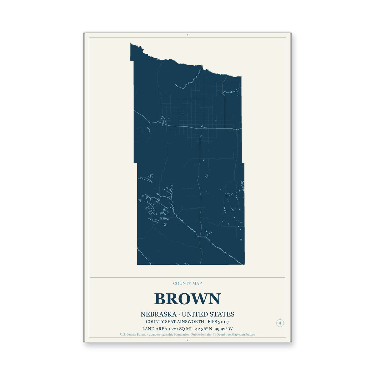 Brown County, Nebraska Map Aluminum Sign in Coastal Cutout style