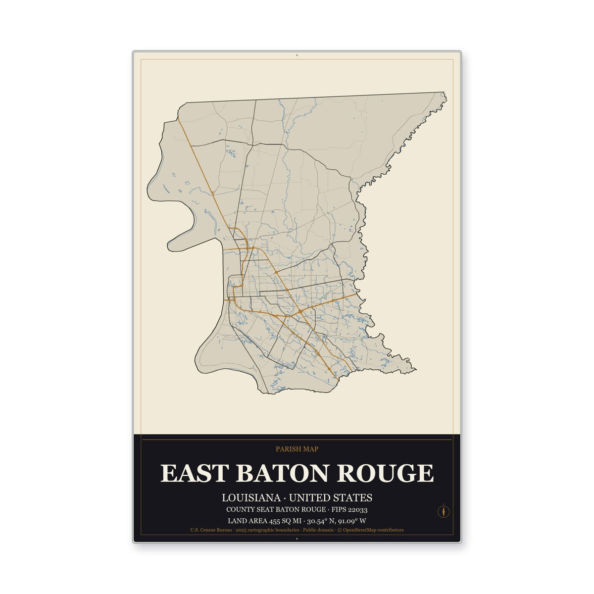 East Baton Rouge Parish, Louisiana Map Aluminum Sign in Museum Plaque style