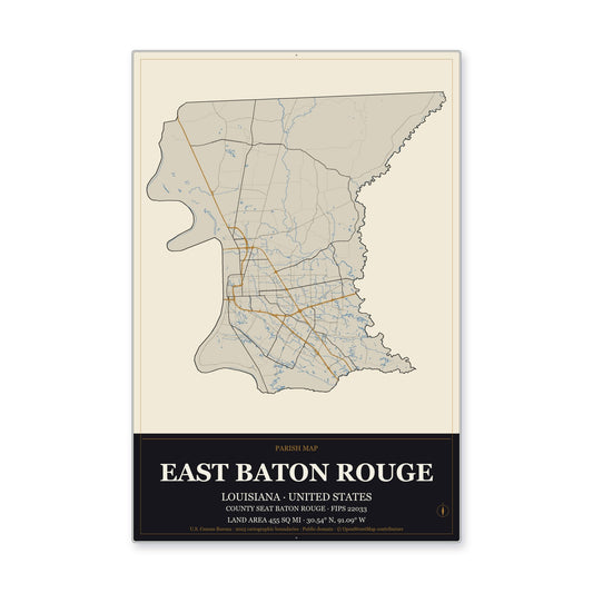 East Baton Rouge Parish, Louisiana Map Aluminum Sign in Museum Plaque style