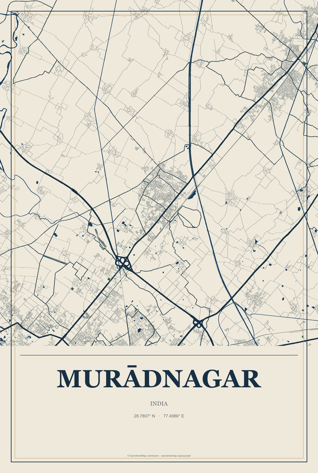 Murādnagar, India City Map Aluminum Sign in Coastal Cutout style