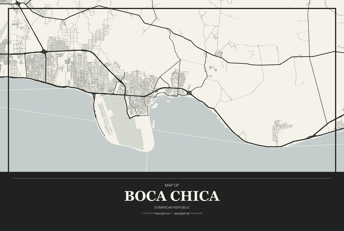 Boca Chica, Dominican Republic City Map Aluminum Sign in Museum Plaque style