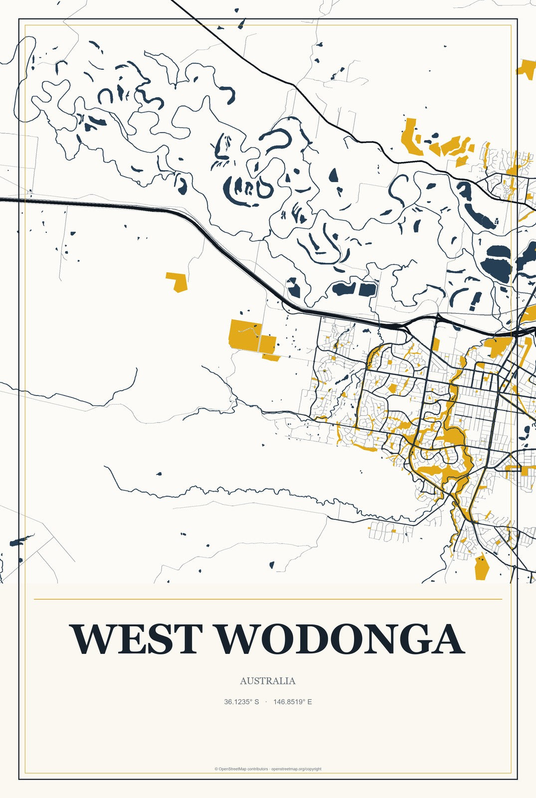 West Wodonga, Australia City Map Aluminum Sign in Citrine Modern style