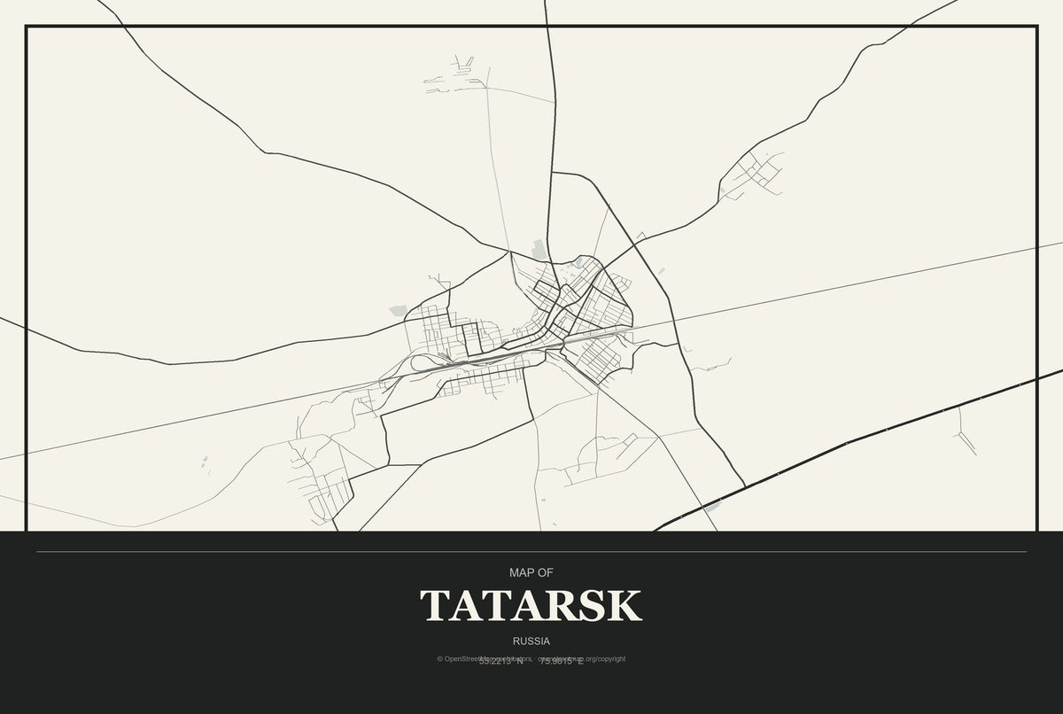 Tatarsk, Russia City Map Aluminum Sign in Museum Plaque style