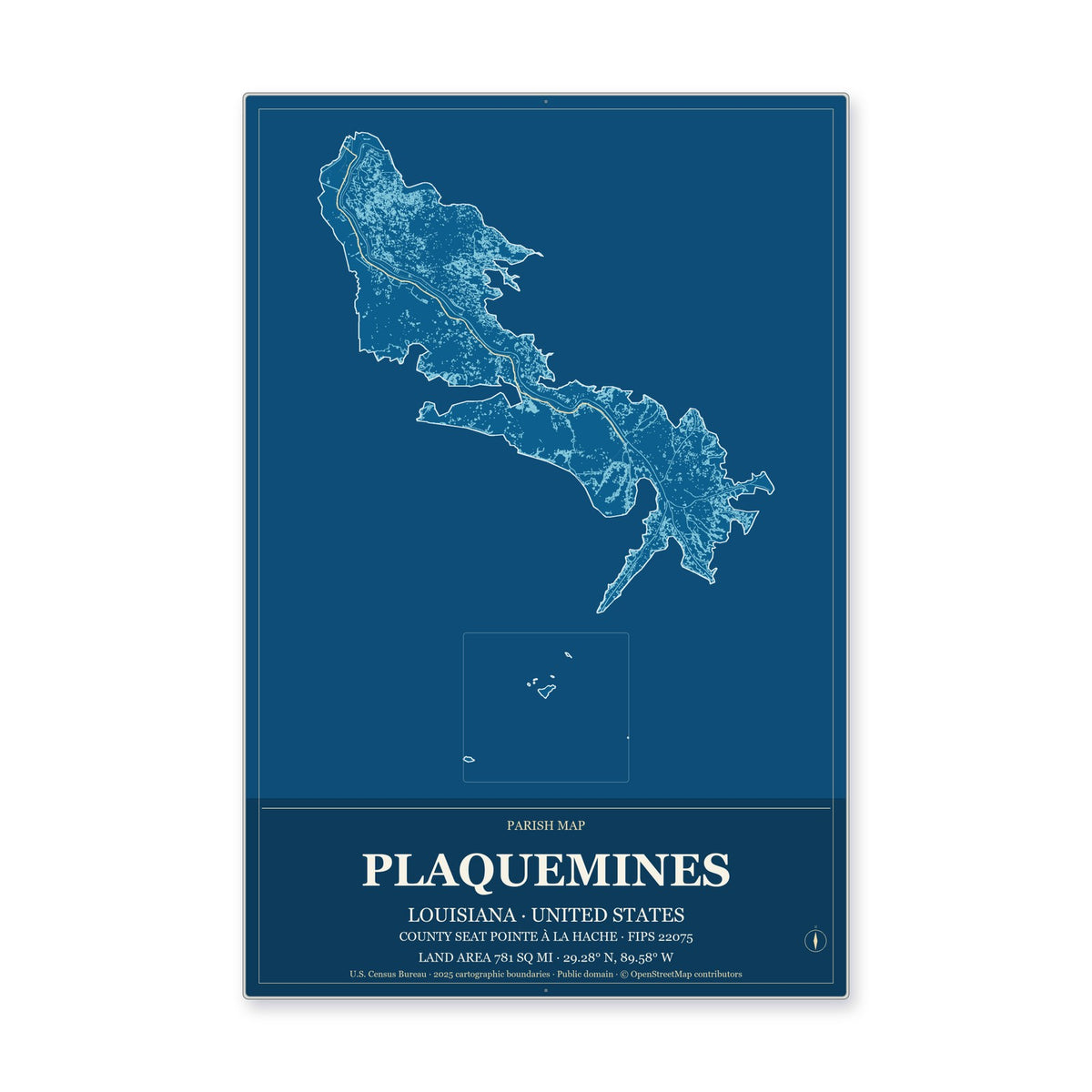 Plaquemines Parish, Louisiana Map Aluminum Sign in Harbor Cobalt style