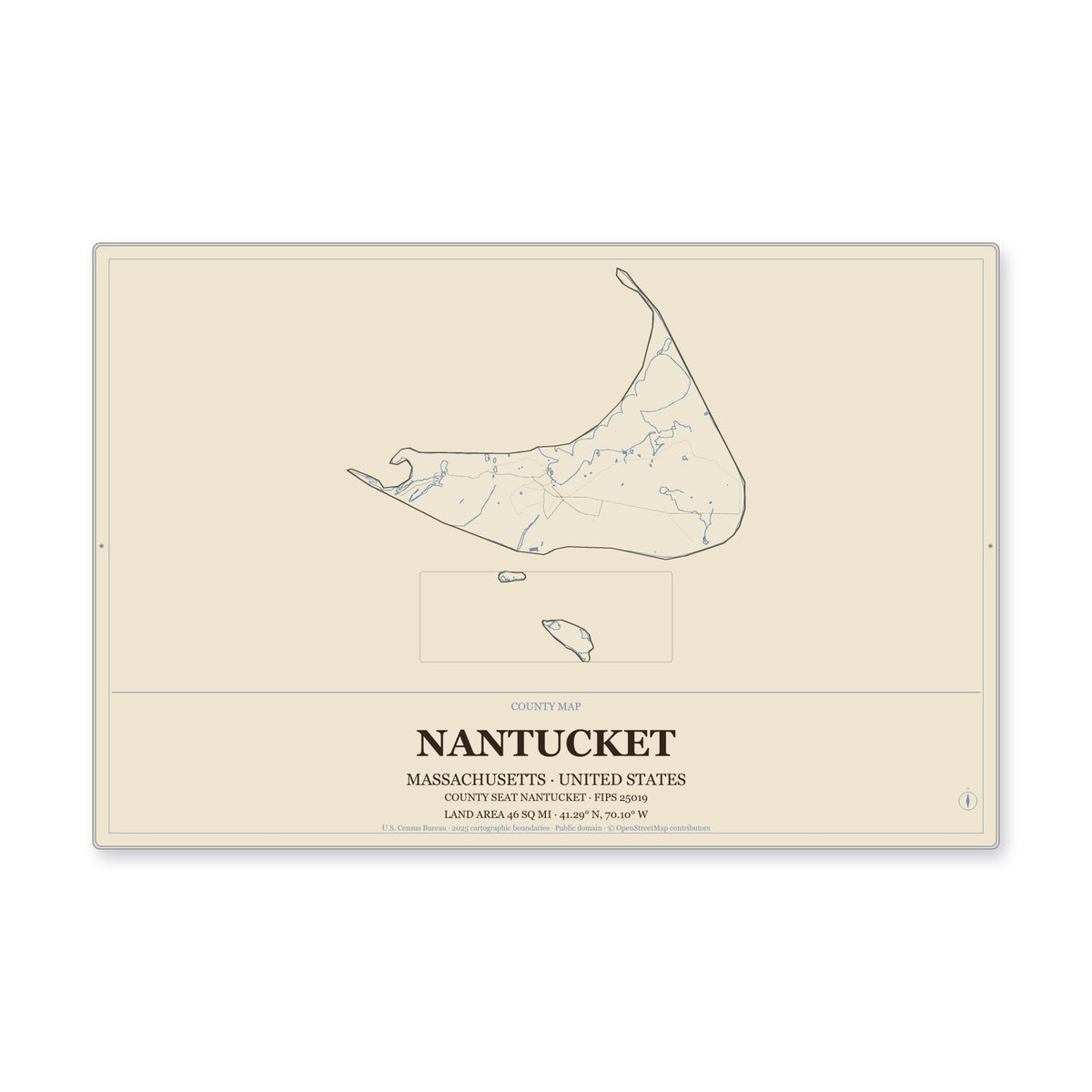 Nantucket County, Massachusetts Map Aluminum Sign in Heritage Nautical style