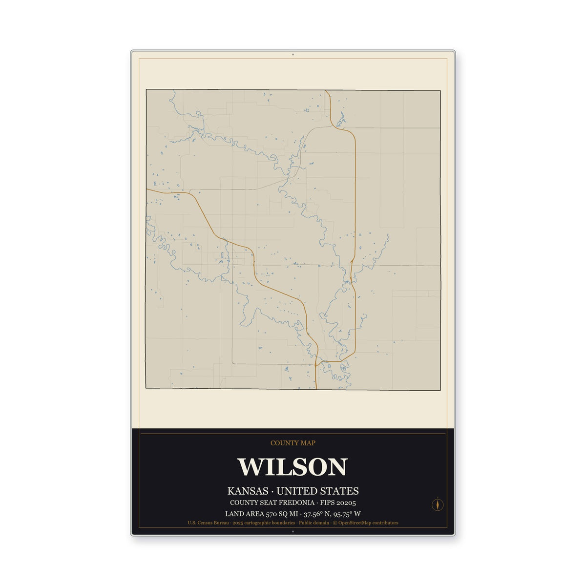 Wilson County, Kansas Map Aluminum Sign in Museum Plaque style