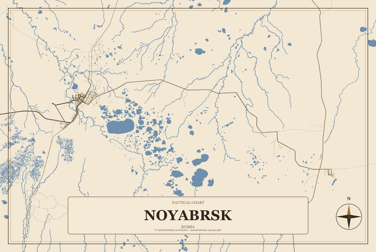 Noyabrsk, Russia City Map Aluminum Sign in Heritage Nautical style