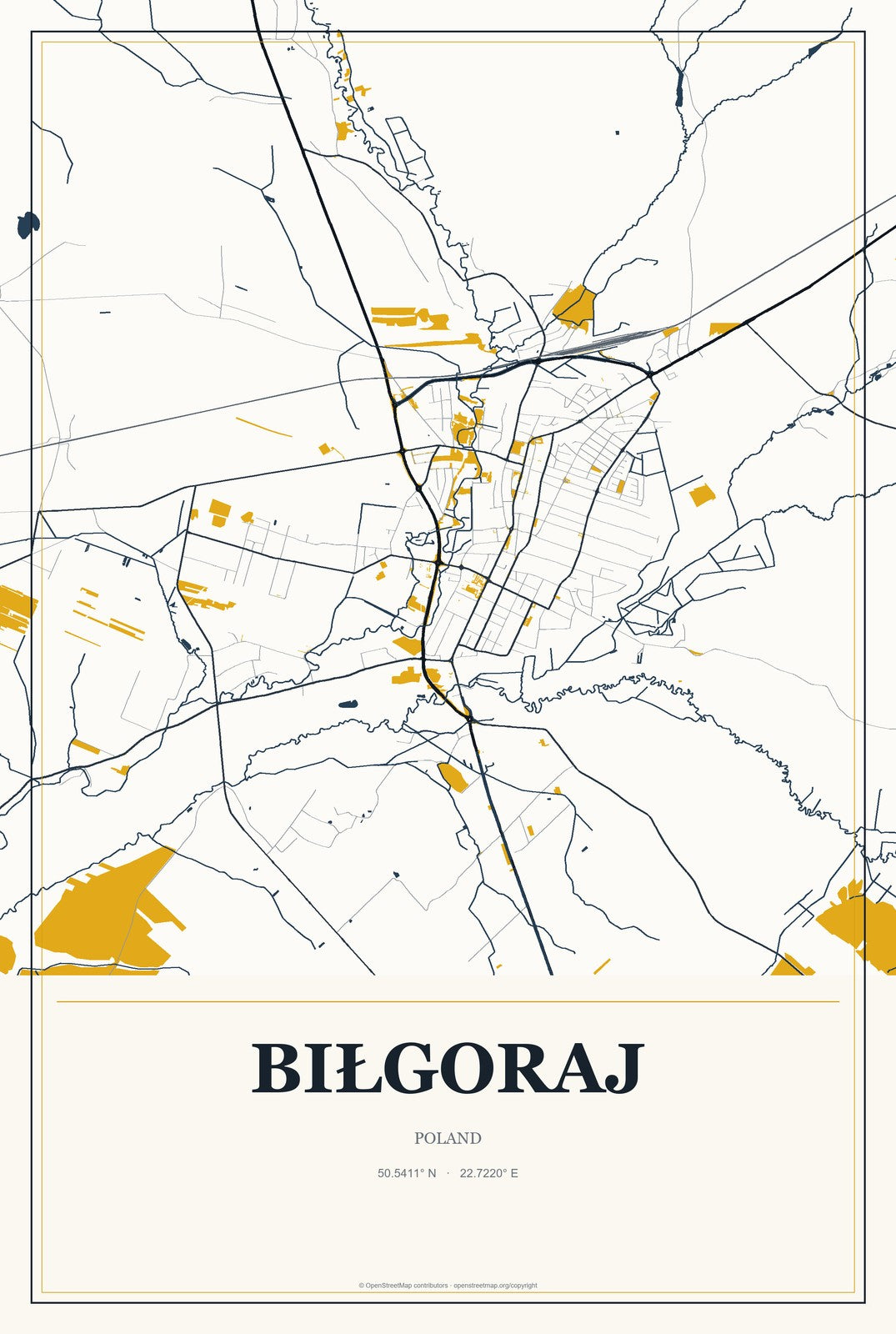 Biłgoraj, Poland City Map Aluminum Sign in Citrine Modern style