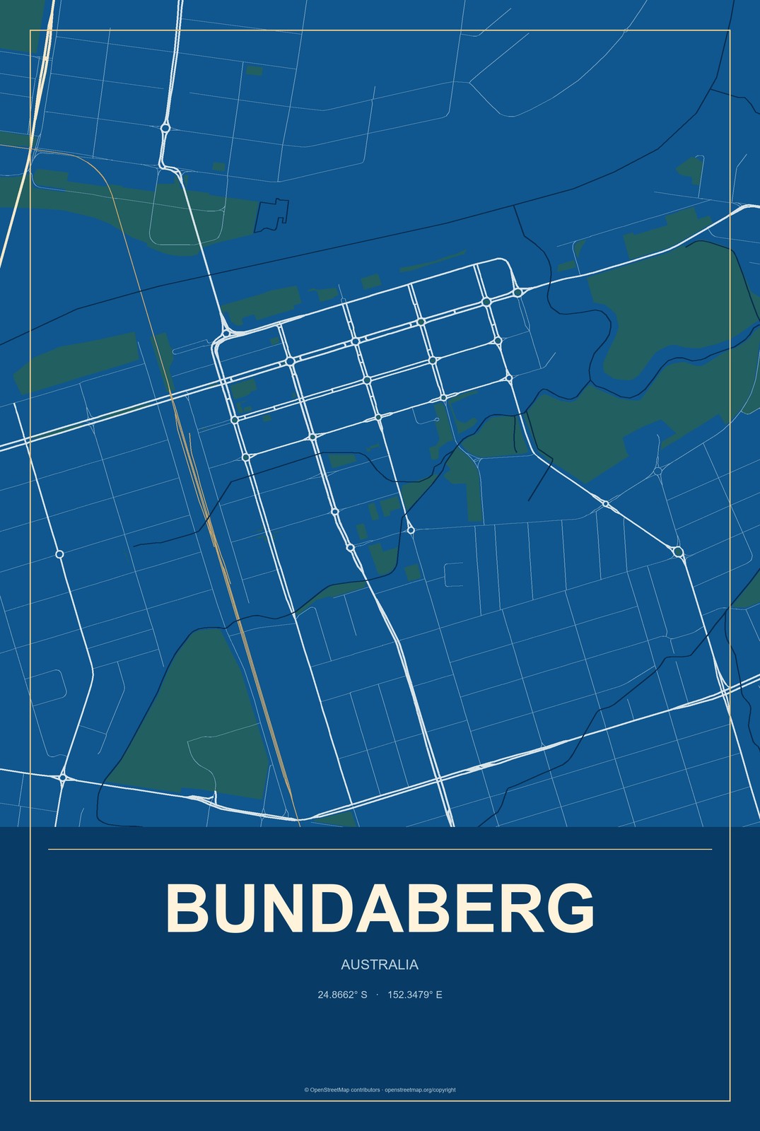Bundaberg, Australia City Map Aluminum Sign in Harbor Cobalt style