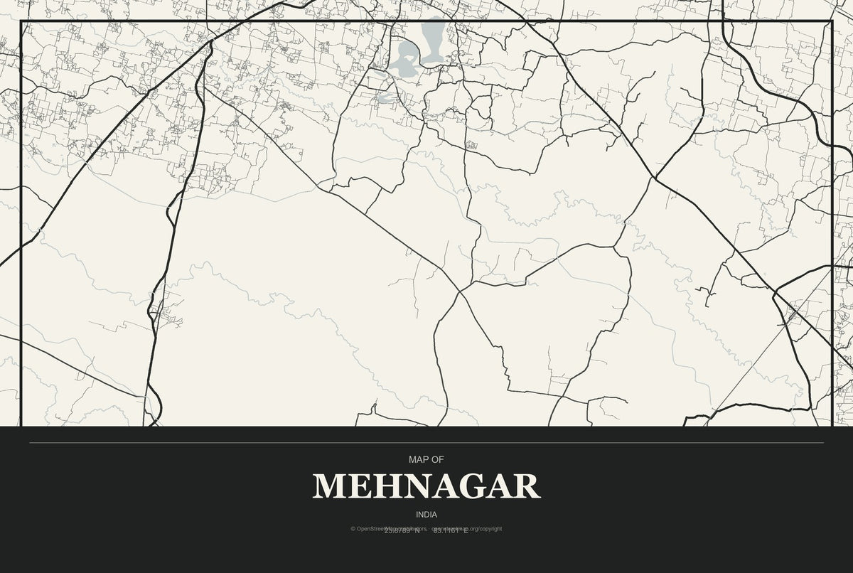 Mehnagar, India City Map Aluminum Sign in Museum Plaque style
