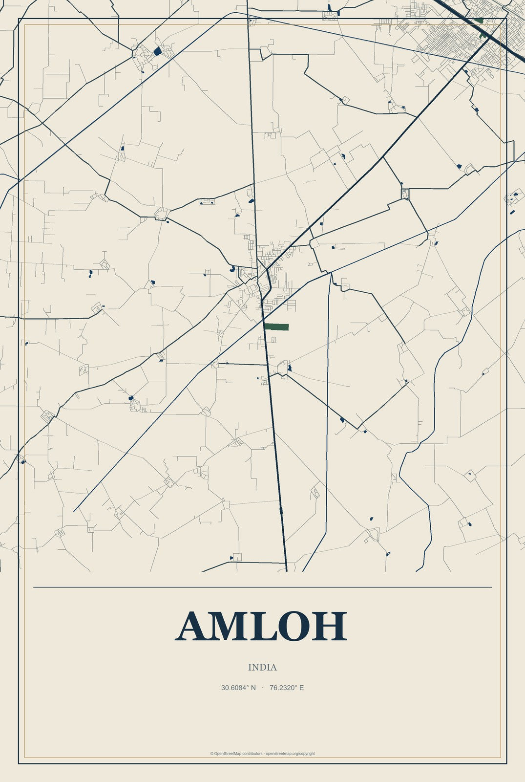 Amloh, India City Map Aluminum Sign in Coastal Cutout style