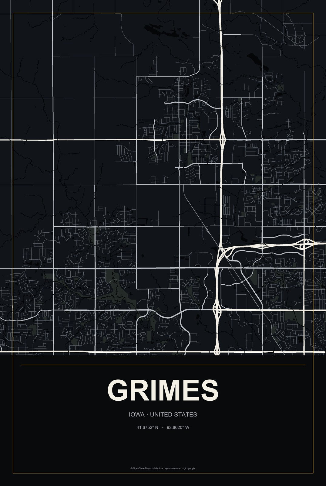 Grimes, Iowa City Map Aluminum Sign in Metropolitan Noir style