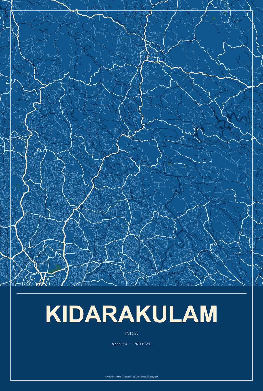 Kidarakulam, India City Map Aluminum Sign in Harbor Cobalt style