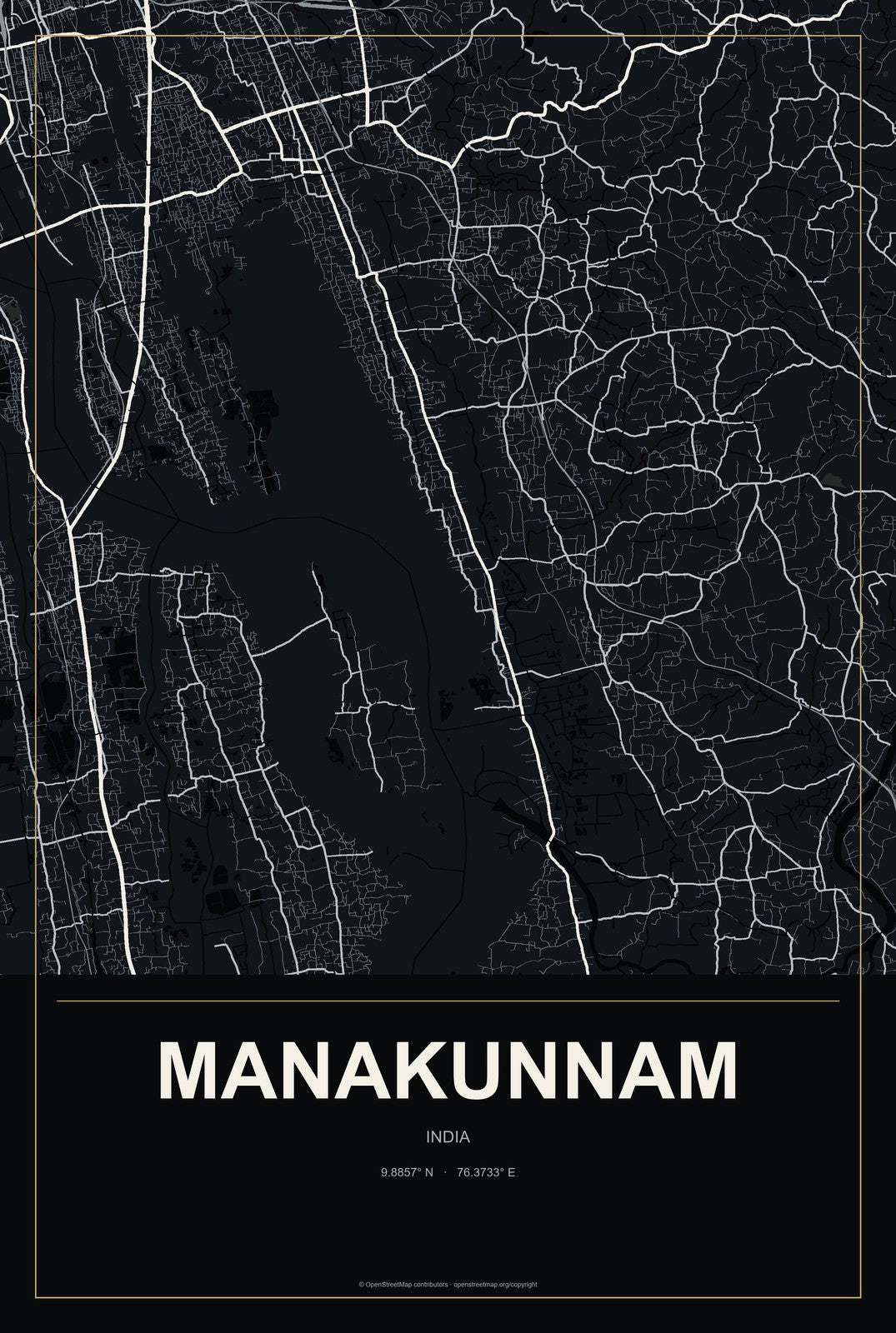 Manakunnam, India City Map Aluminum Sign in Metropolitan Noir style