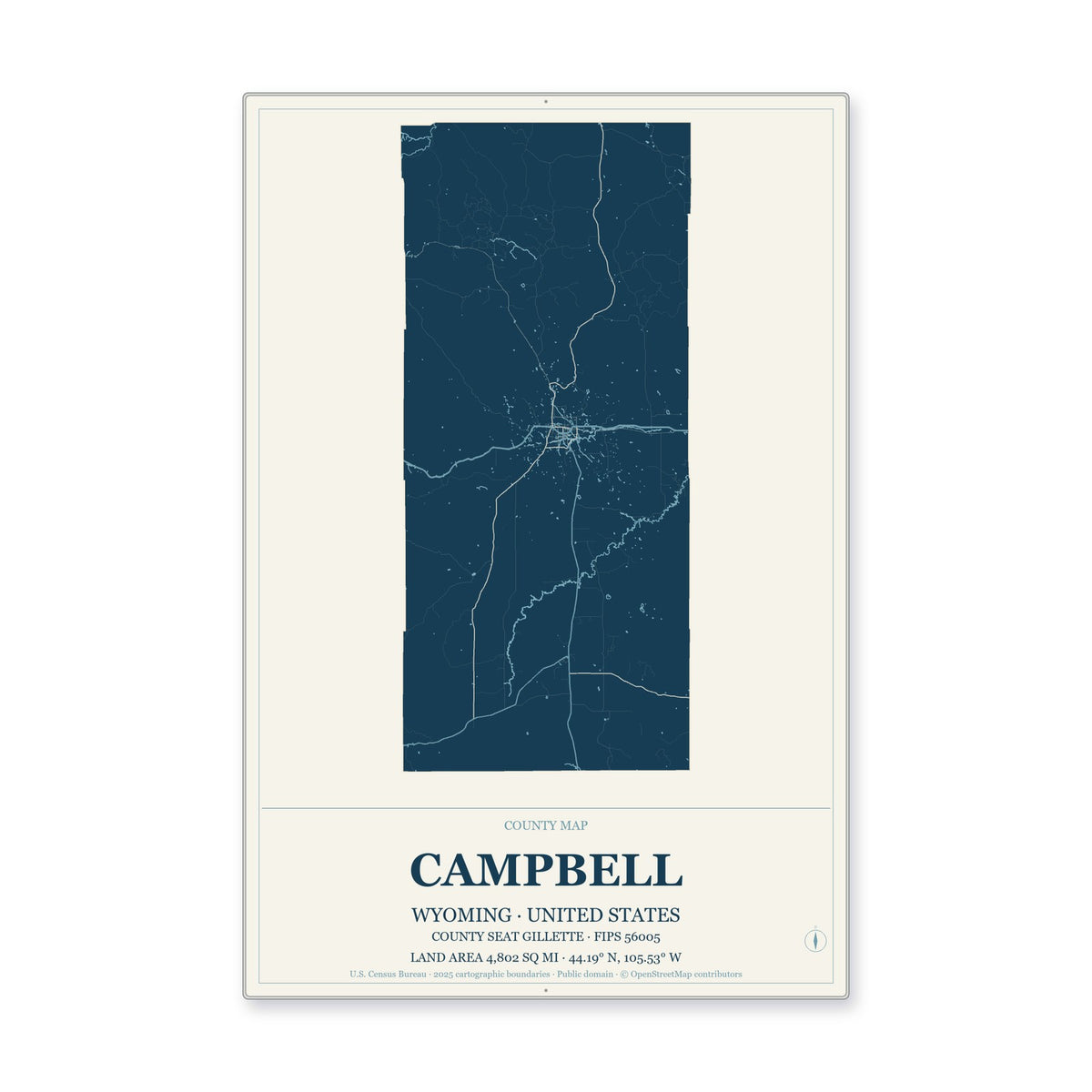 Campbell County, Wyoming Map Aluminum Sign in Coastal Cutout style