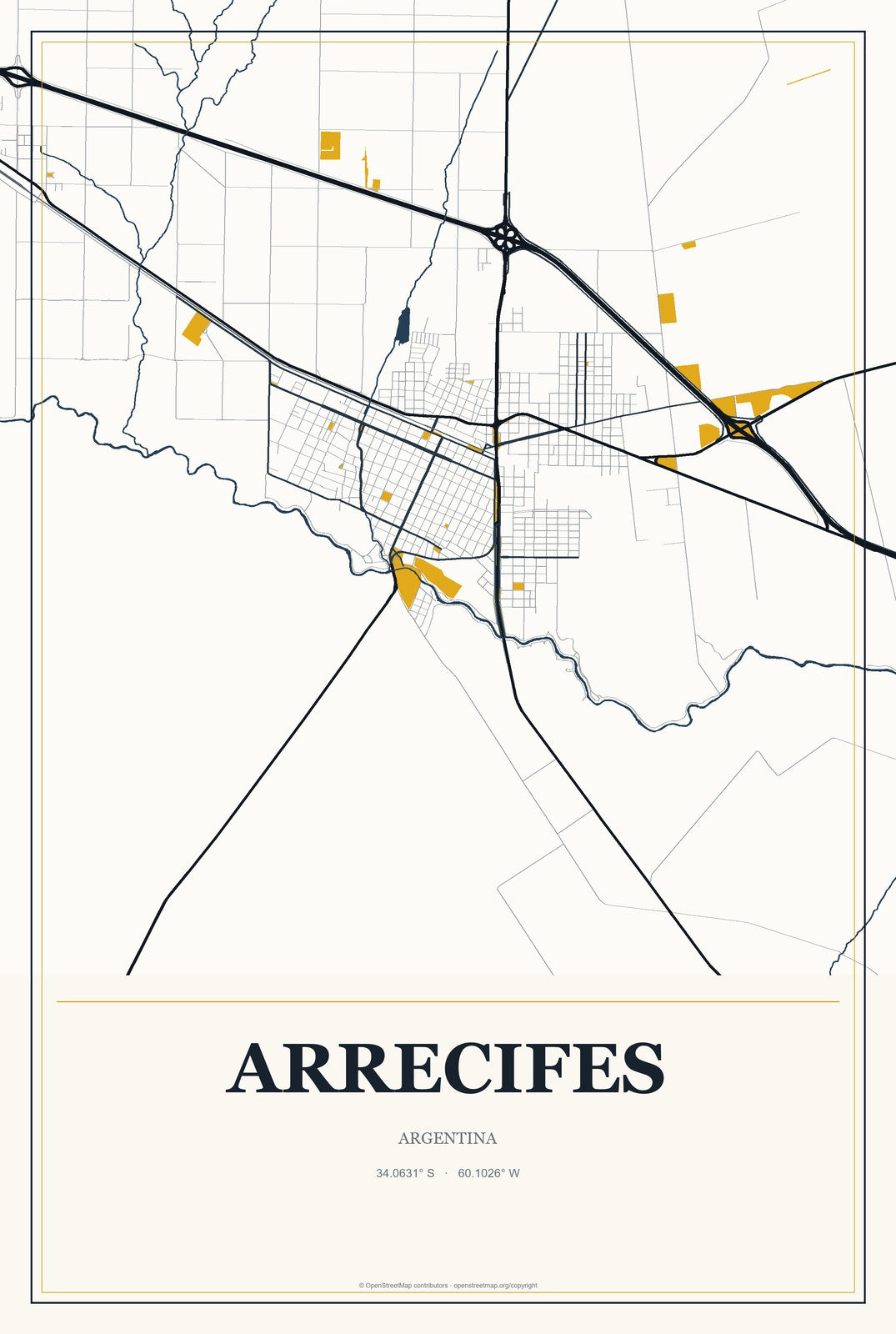 Arrecifes, Argentina City Map Aluminum Sign in Citrine Modern style