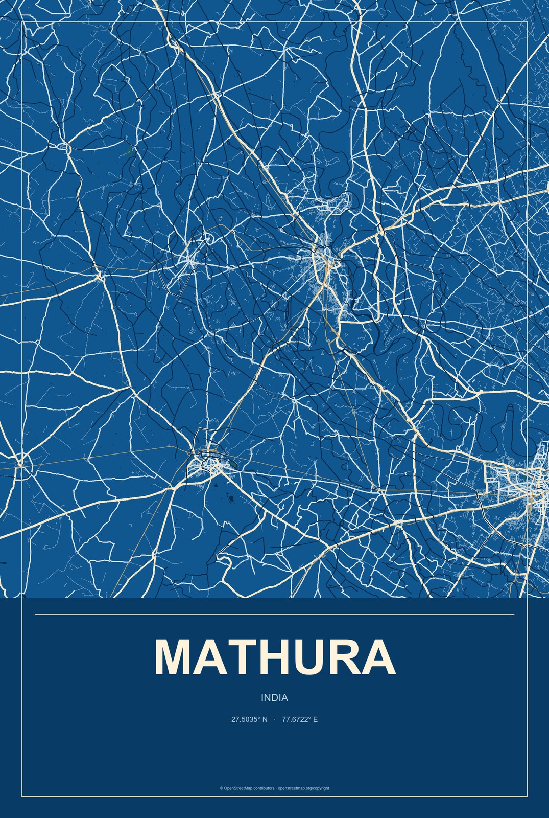 Mathura, India City Map Aluminum Sign in Harbor Cobalt style