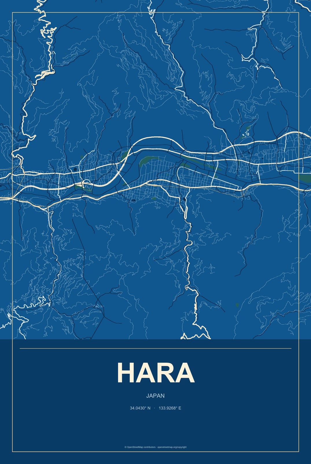Hara, Japan City Map Aluminum Sign in Harbor Cobalt style